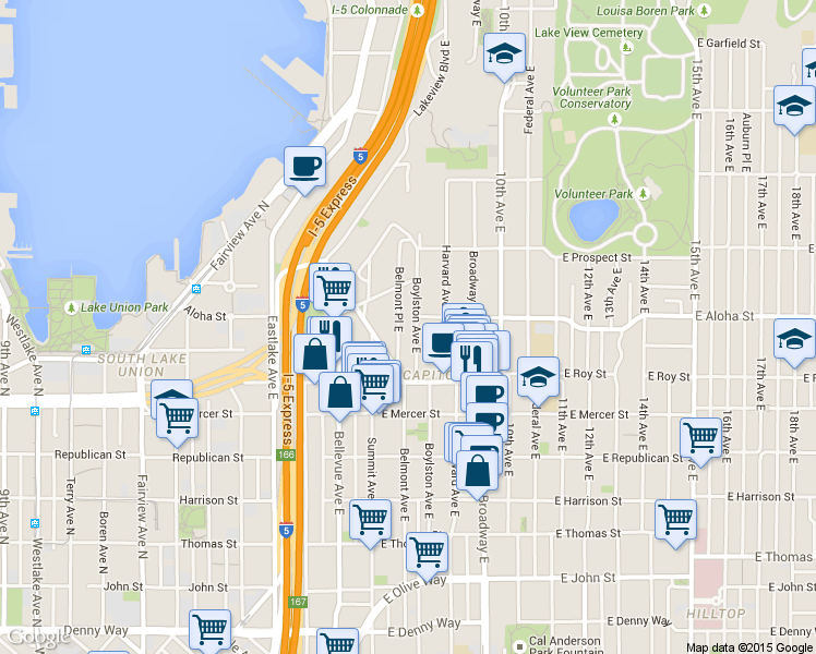 map of restaurants, bars, coffee shops, grocery stores, and more near 745 Boylston Avenue East in Seattle