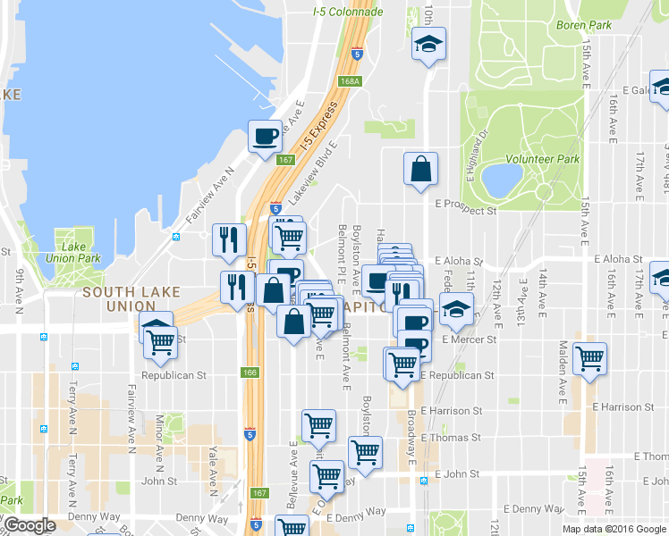 map of restaurants, bars, coffee shops, grocery stores, and more near 750 Belmont Avenue East in Seattle