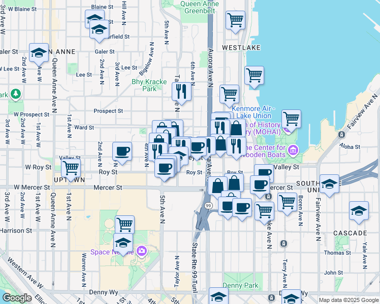 map of restaurants, bars, coffee shops, grocery stores, and more near 810 6th Avenue North in Seattle