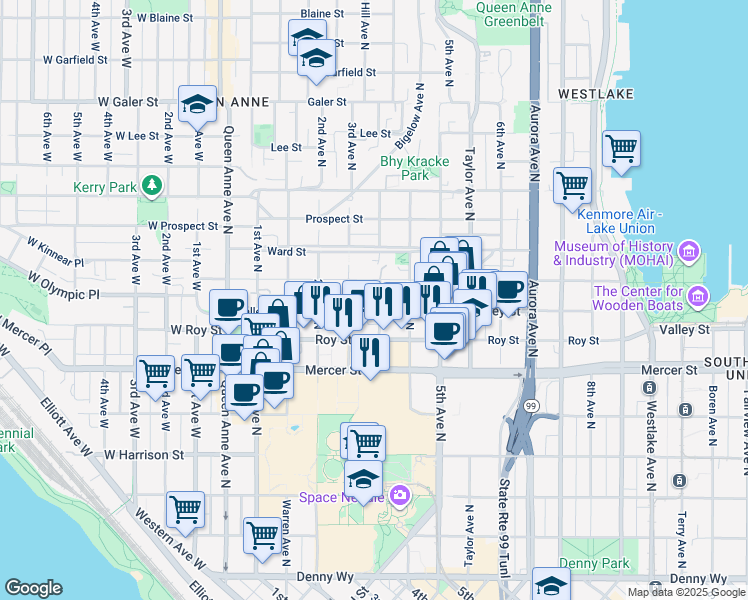 map of restaurants, bars, coffee shops, grocery stores, and more near 320 Valley Street in Seattle