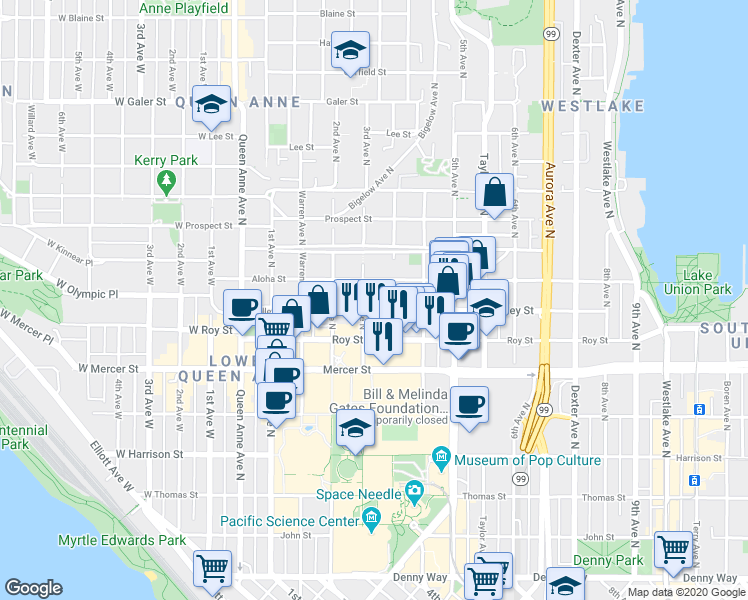map of restaurants, bars, coffee shops, grocery stores, and more near 320 Valley Street in Seattle