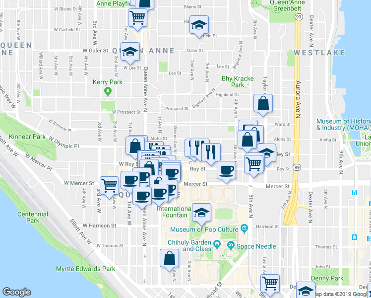 map of restaurants, bars, coffee shops, grocery stores, and more near 154 Valley Street in Seattle