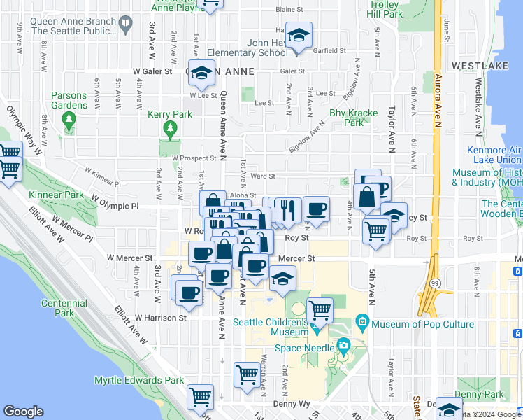 map of restaurants, bars, coffee shops, grocery stores, and more near 8 Valley Street in Seattle