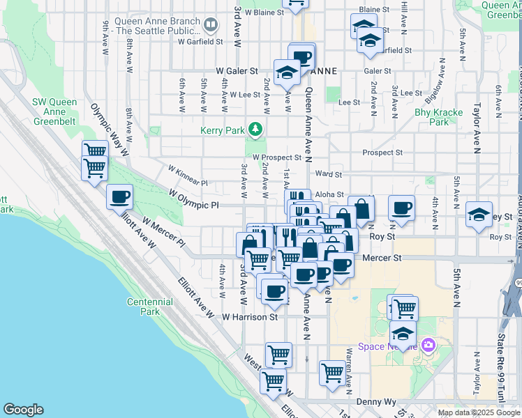 map of restaurants, bars, coffee shops, grocery stores, and more near in Seattle