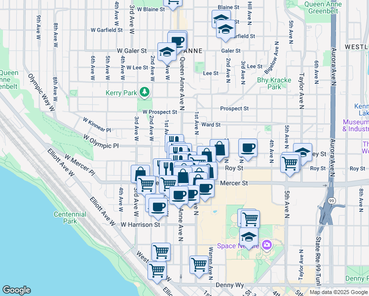map of restaurants, bars, coffee shops, grocery stores, and more near 800 Queen Anne Avenue North in Seattle