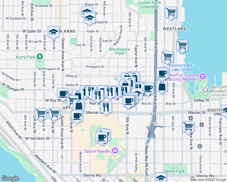 map of restaurants, bars, coffee shops, grocery stores, and more near 805 4th Avenue North in Seattle