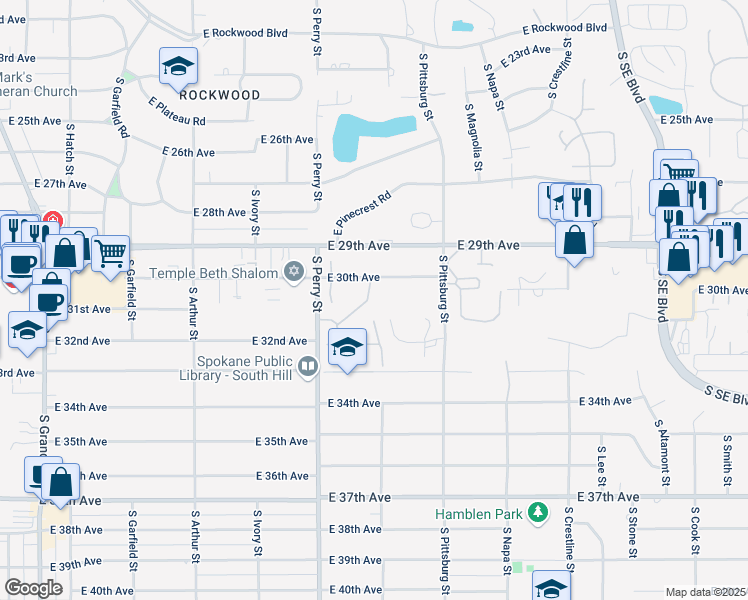 map of restaurants, bars, coffee shops, grocery stores, and more near 1601 East 32nd Court in Spokane