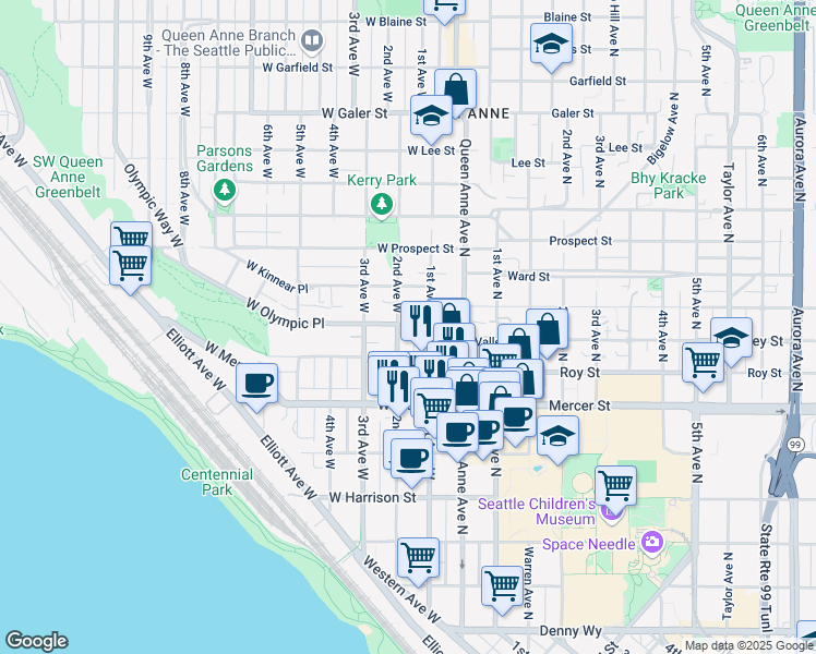 map of restaurants, bars, coffee shops, grocery stores, and more near in Seattle