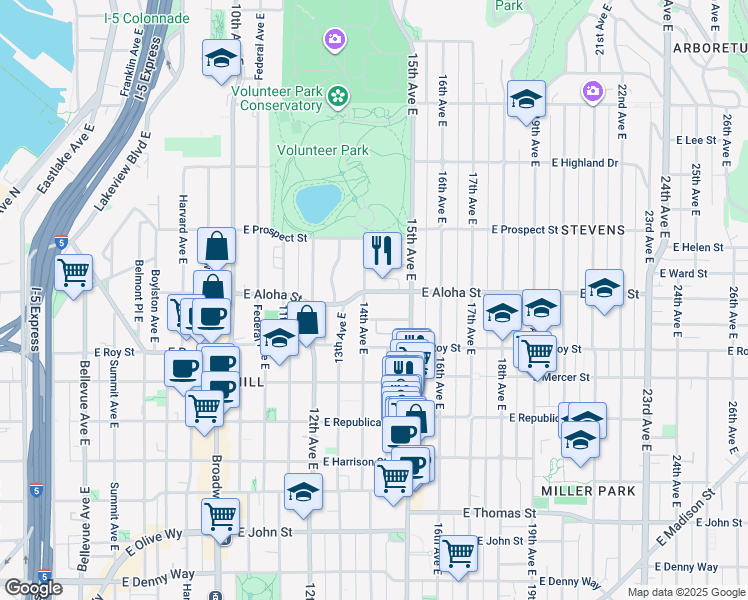 map of restaurants, bars, coffee shops, grocery stores, and more near 1409 East Aloha Street in Seattle