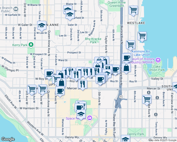 map of restaurants, bars, coffee shops, grocery stores, and more near 384 Valley Street in Seattle