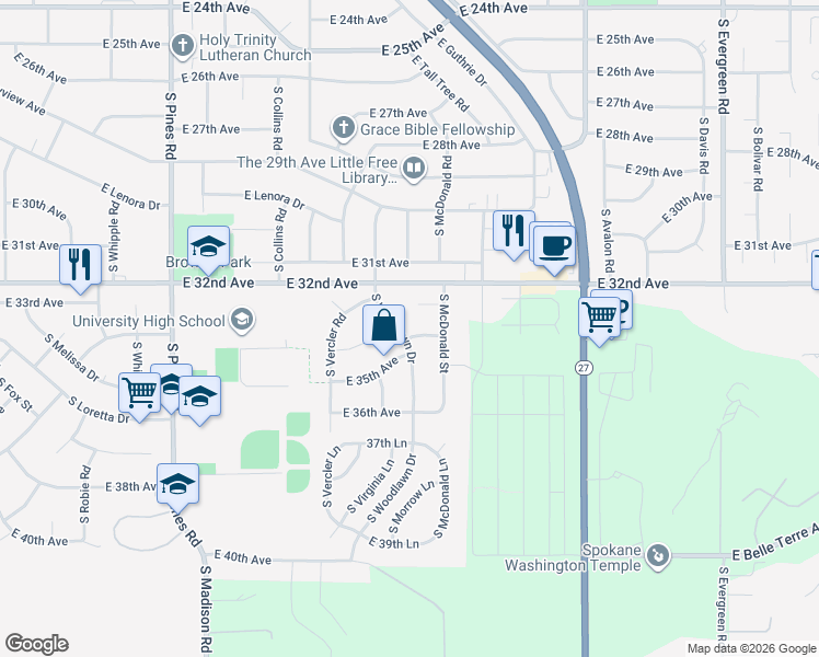 map of restaurants, bars, coffee shops, grocery stores, and more near 3324 South Woodlawn Drive in Spokane Valley