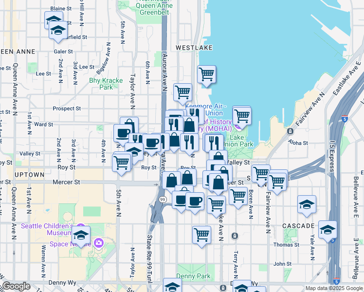 map of restaurants, bars, coffee shops, grocery stores, and more near 810 Dexter Avenue North in Seattle