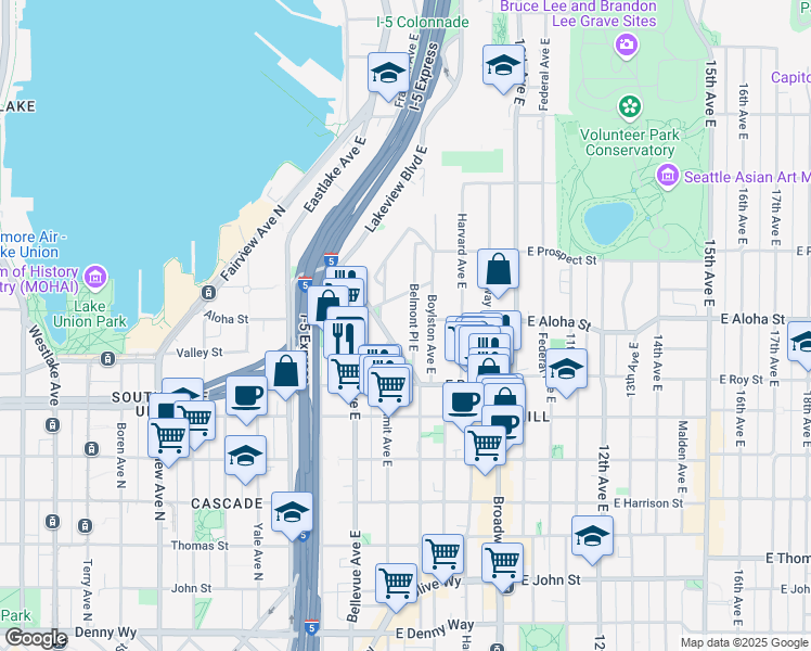 map of restaurants, bars, coffee shops, grocery stores, and more near 750 Belmont Avenue East in Seattle