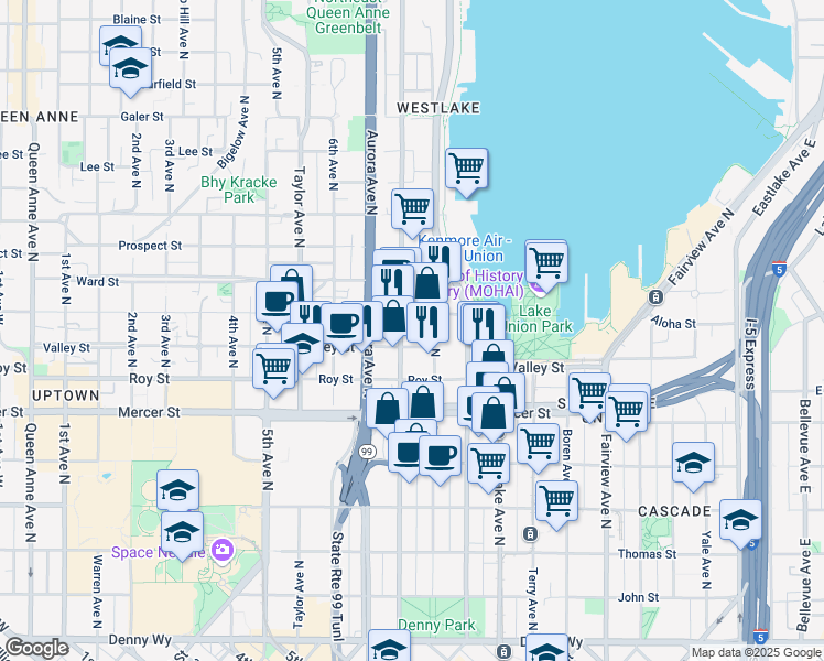 map of restaurants, bars, coffee shops, grocery stores, and more near 750 Valley Street in Seattle