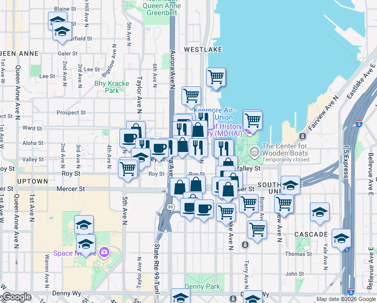 map of restaurants, bars, coffee shops, grocery stores, and more near 750 Valley Street in Seattle