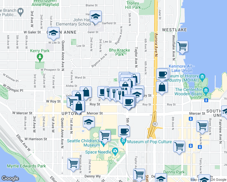 map of restaurants, bars, coffee shops, grocery stores, and more near 402 Valley Street in Seattle