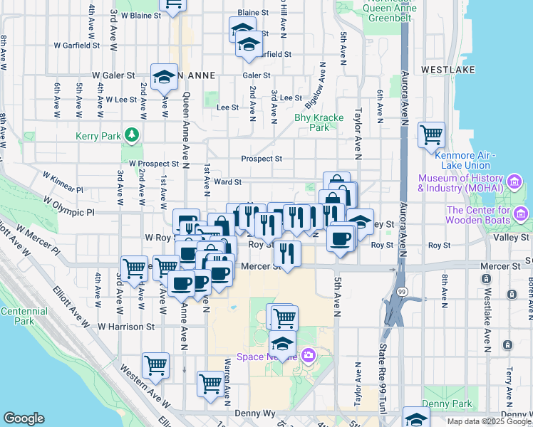 map of restaurants, bars, coffee shops, grocery stores, and more near 801 3rd Avenue North in Seattle