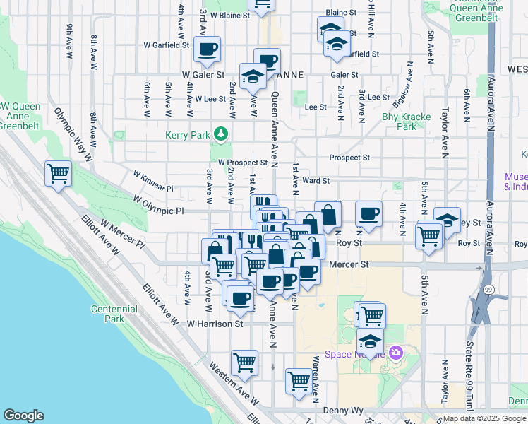 map of restaurants, bars, coffee shops, grocery stores, and more near 101 West Olympic Place in Seattle