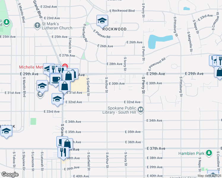 map of restaurants, bars, coffee shops, grocery stores, and more near 3017 South Arthur Street in Spokane
