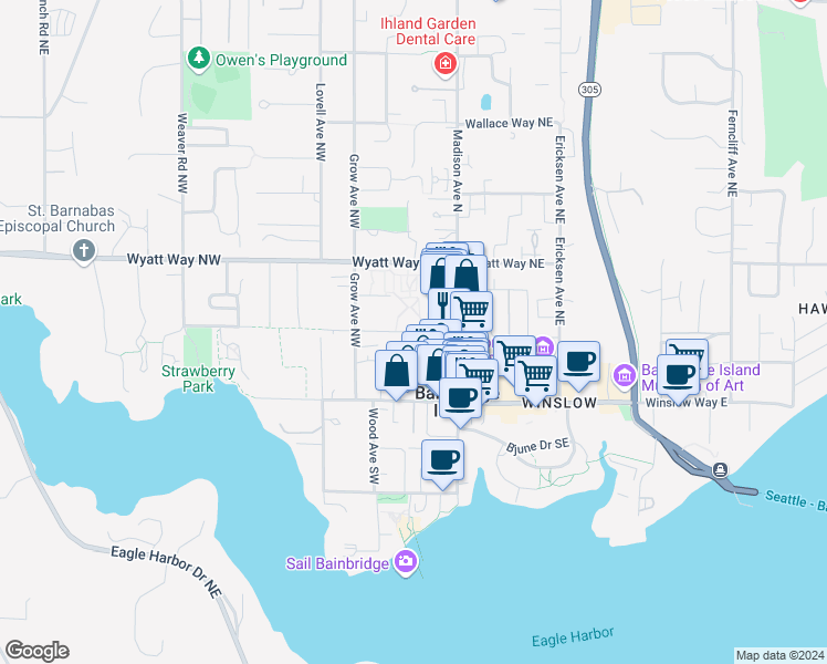 map of restaurants, bars, coffee shops, grocery stores, and more near 281 Shepard Way Northwest in Bainbridge Island