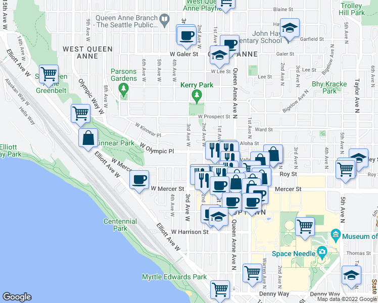 map of restaurants, bars, coffee shops, grocery stores, and more near W Olympic Pl & 3rd Ave W in Seattle
