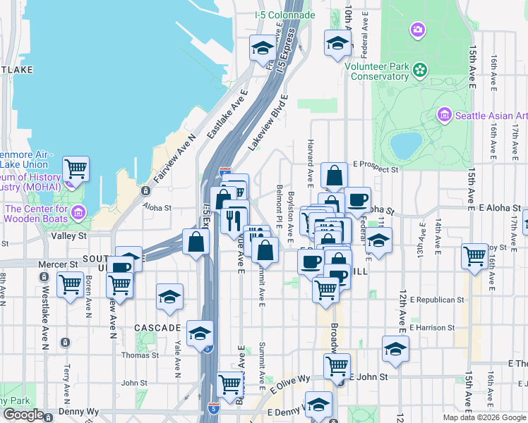 map of restaurants, bars, coffee shops, grocery stores, and more near 750 Belmont Avenue East in Seattle