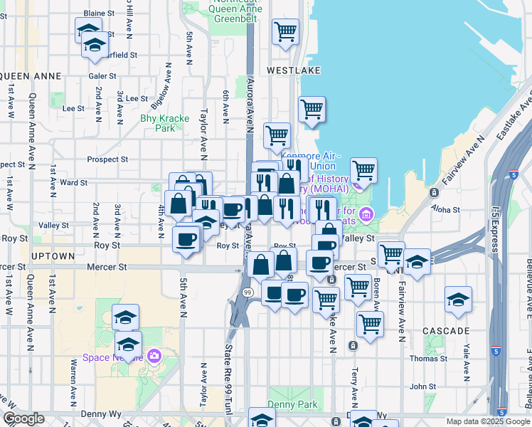map of restaurants, bars, coffee shops, grocery stores, and more near 701 Aloha Street in Seattle