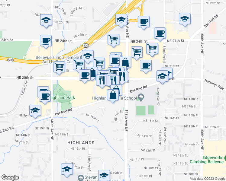 map of restaurants, bars, coffee shops, grocery stores, and more near 14603 Northeast 20th Street in Bellevue