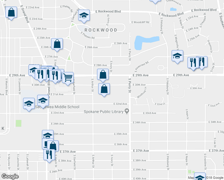 map of restaurants, bars, coffee shops, grocery stores, and more near 1204 E 30th Ave in Spokane