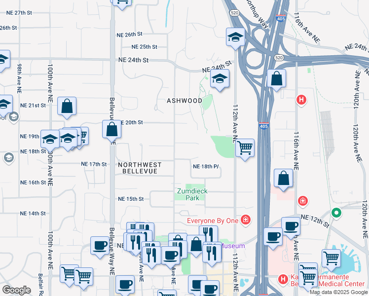 map of restaurants, bars, coffee shops, grocery stores, and more near 10804 Northeast 18th Street in Bellevue