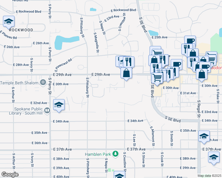 map of restaurants, bars, coffee shops, grocery stores, and more near 2024 East 30th Avenue in Spokane