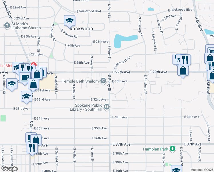 map of restaurants, bars, coffee shops, grocery stores, and more near 3020 South Perry Street in Spokane