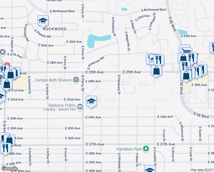 map of restaurants, bars, coffee shops, grocery stores, and more near 1616 East 30th Avenue in Spokane