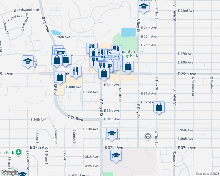 map of restaurants, bars, coffee shops, grocery stores, and more near 3021 South Regal Street in Spokane
