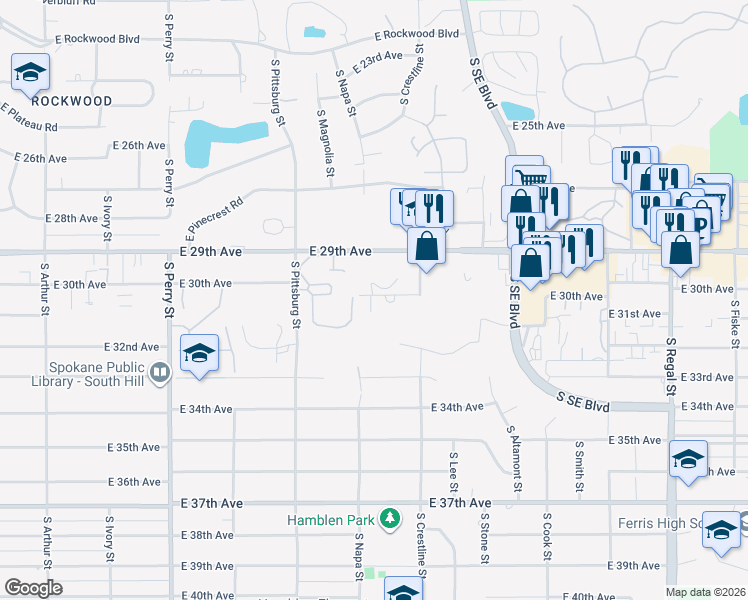 map of restaurants, bars, coffee shops, grocery stores, and more near 2024 East 30th Avenue in Spokane