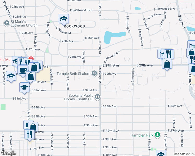 map of restaurants, bars, coffee shops, grocery stores, and more near 3020 South Perry Street in Spokane