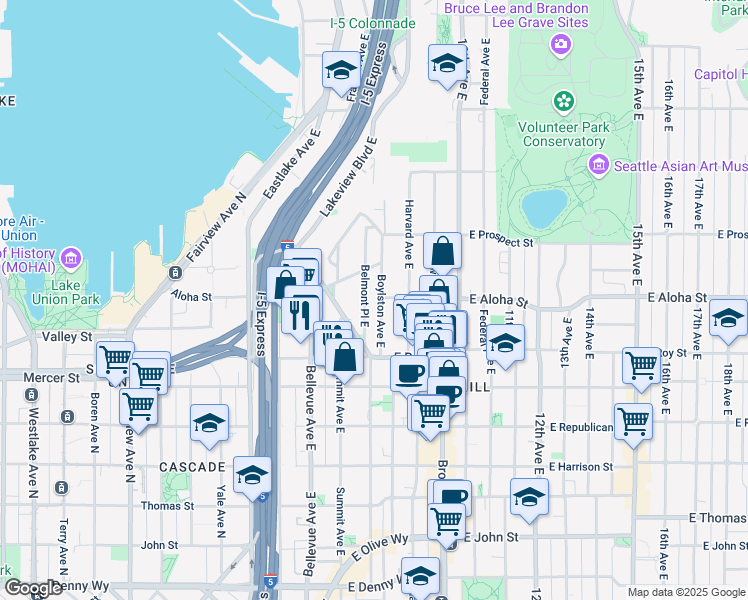 map of restaurants, bars, coffee shops, grocery stores, and more near 745 Boylston Avenue East in Seattle
