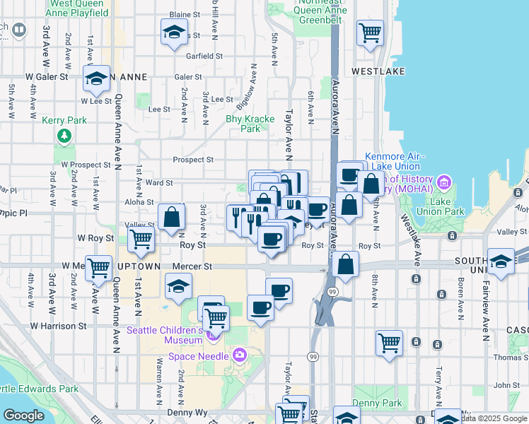 map of restaurants, bars, coffee shops, grocery stores, and more near 802 5th Avenue North in Seattle
