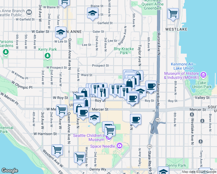 map of restaurants, bars, coffee shops, grocery stores, and more near 320 Valley Street in Seattle