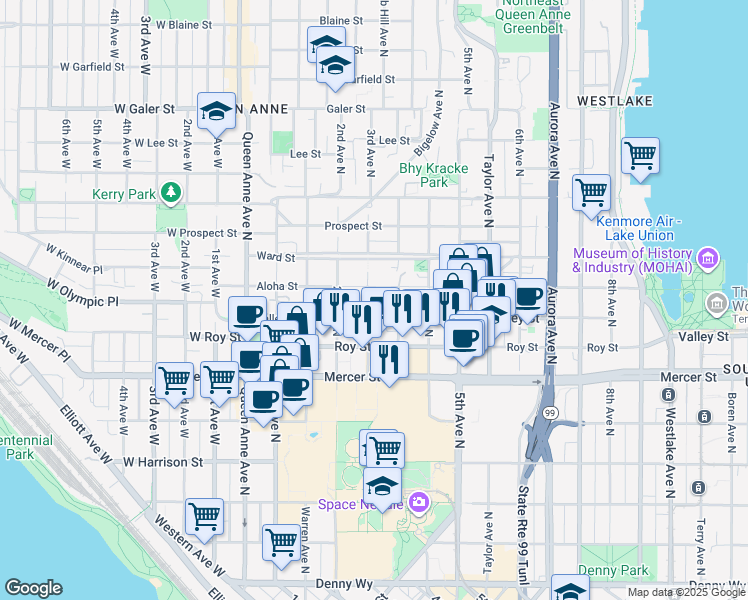 map of restaurants, bars, coffee shops, grocery stores, and more near 320 Valley Street in Seattle