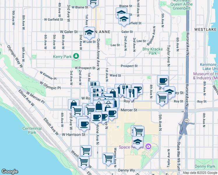 map of restaurants, bars, coffee shops, grocery stores, and more near 8 Valley Street in Seattle