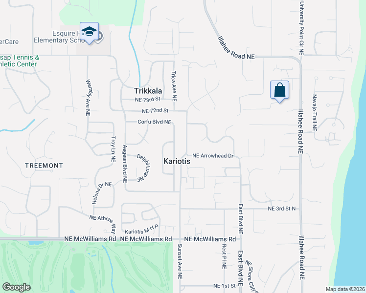 map of restaurants, bars, coffee shops, grocery stores, and more near 3258 Northeast Arrowhead Drive in Bremerton