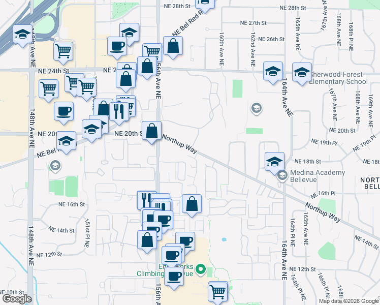 map of restaurants, bars, coffee shops, grocery stores, and more near 15865 Northup Way in Bellevue