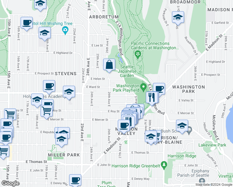 map of restaurants, bars, coffee shops, grocery stores, and more near 2620 East Aloha Street in Seattle