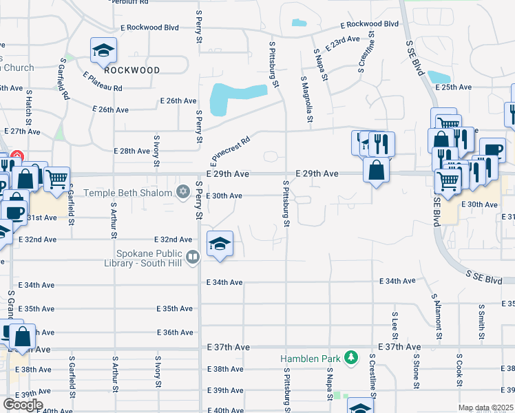 map of restaurants, bars, coffee shops, grocery stores, and more near 1616 East 30th Avenue in Spokane