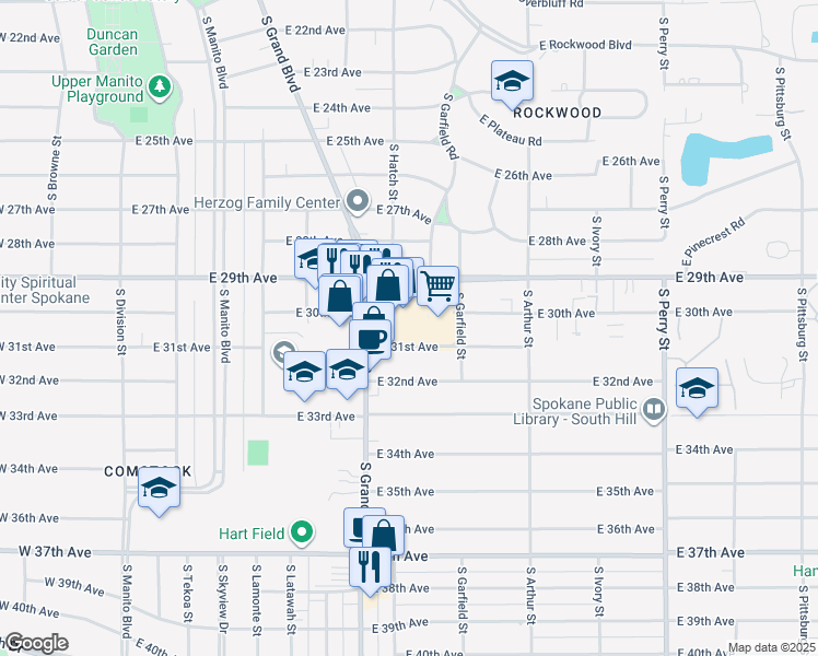 map of restaurants, bars, coffee shops, grocery stores, and more near 810 East 29th Avenue in Spokane
