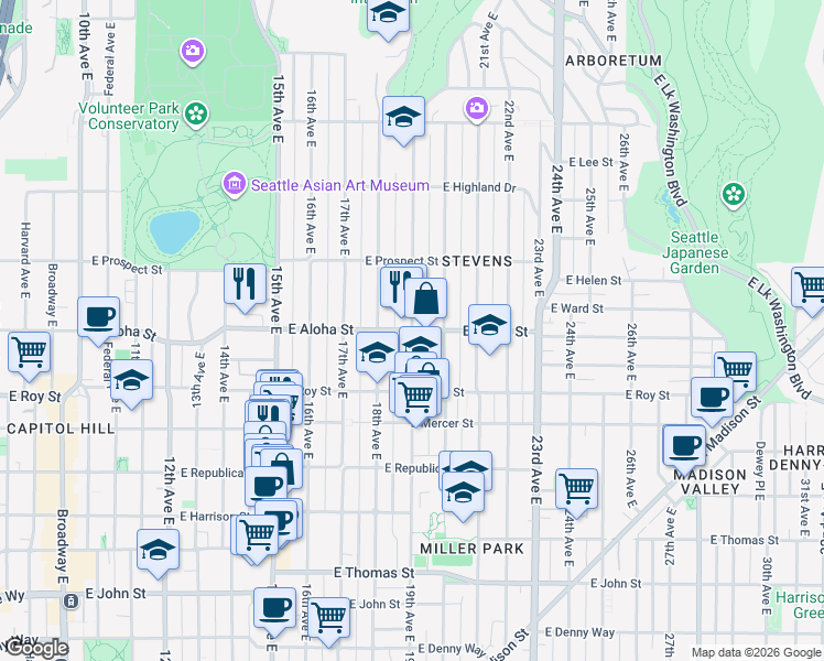 map of restaurants, bars, coffee shops, grocery stores, and more near 19th Ave E & E Aloha St in Seattle