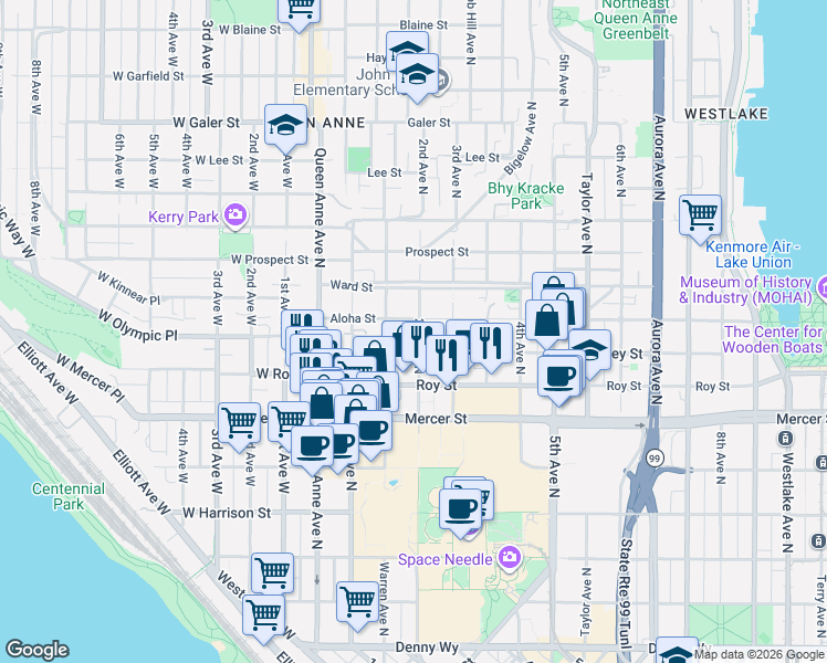map of restaurants, bars, coffee shops, grocery stores, and more near 154 Valley Street in Seattle