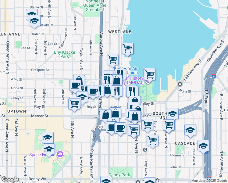 map of restaurants, bars, coffee shops, grocery stores, and more near 810 Dexter Avenue North in Seattle