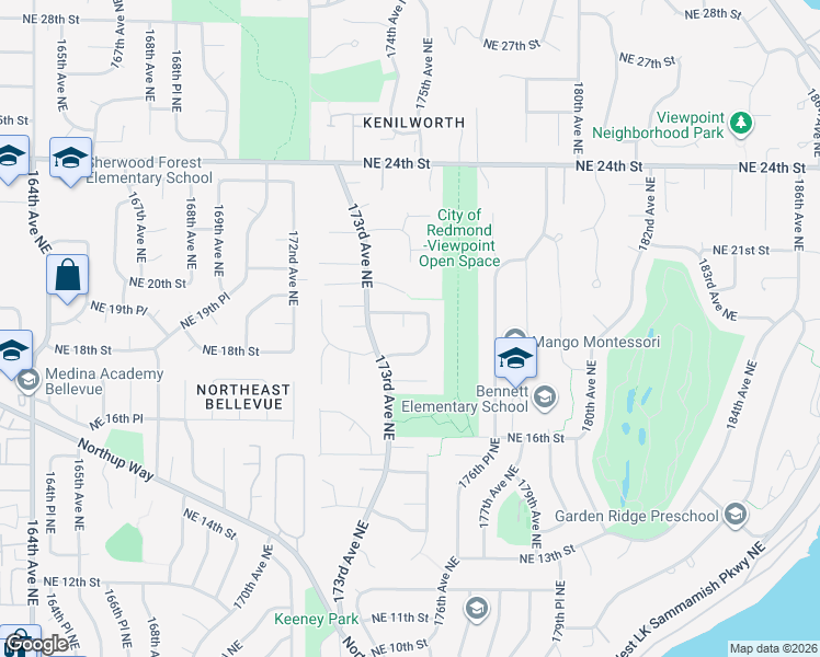 map of restaurants, bars, coffee shops, grocery stores, and more near 17318 Northeast 18th Place in Bellevue